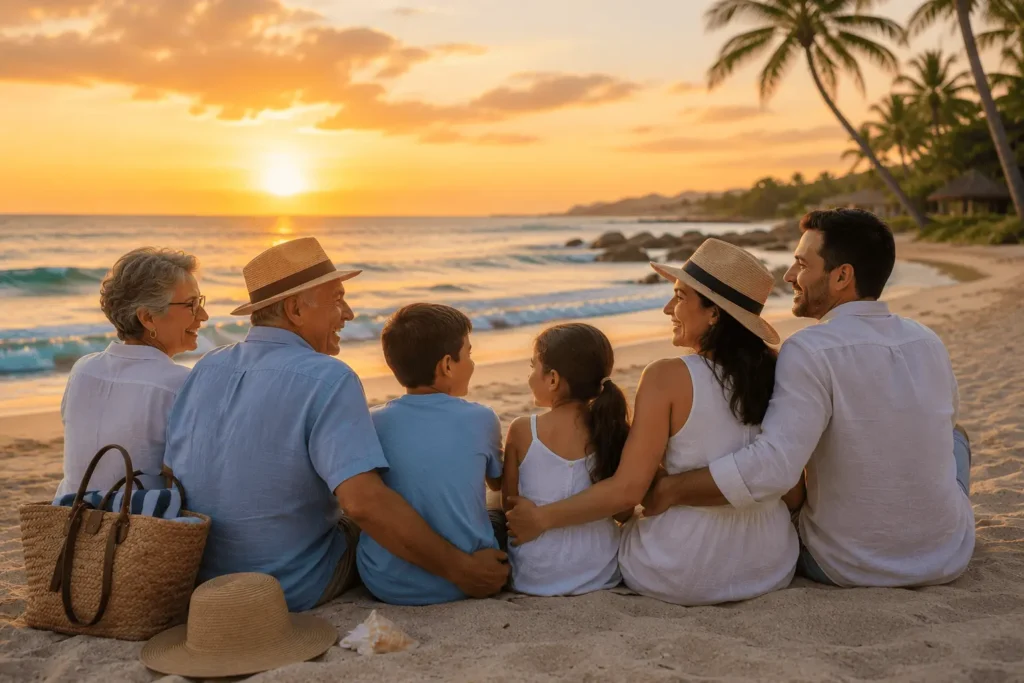 Familia multigeneracional compartiendo un momento especial durante sus vacaciones en la playa