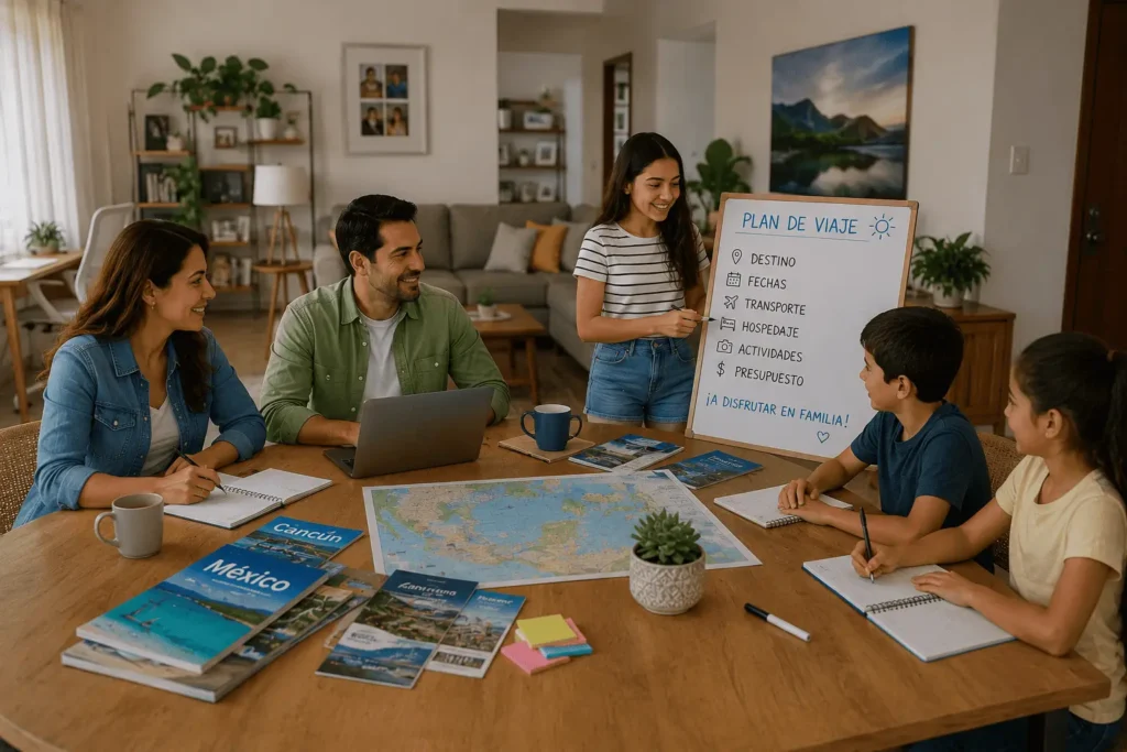 Familia organizando el presupuesto para sus próximas vacaciones