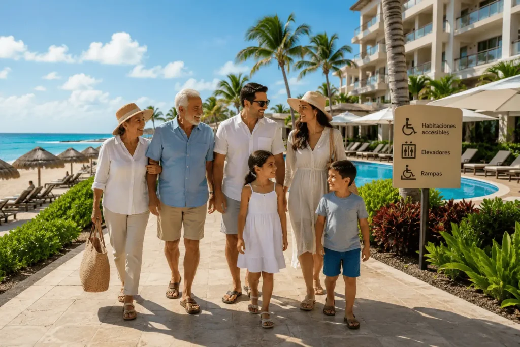 Familia multigeneracional disfrutando de unas vacaciones en un hotel de playa