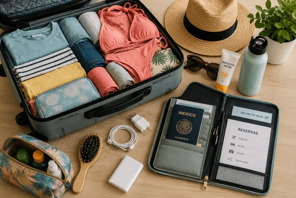 Maleta con ropa, artículos personales y documentos preparados para un viaje familiar
